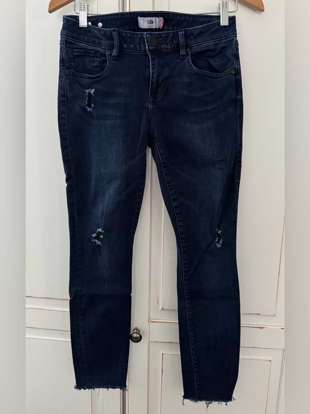 CAbi Dark Wash Distressed Skinny Jeans